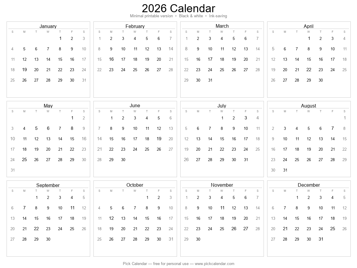 2026 Year Calendar — Minimal Black & White Version