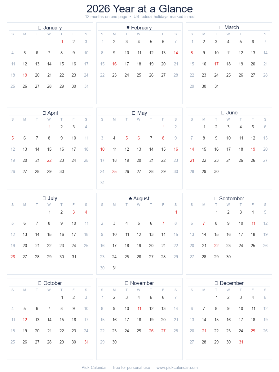 2026 Year Calendar — Portrait Version