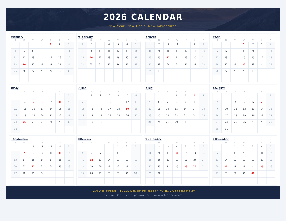 2026 Year at a Glance Calendar Preview