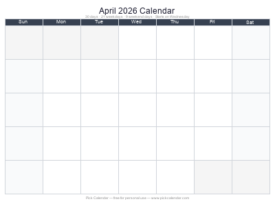 April 2026 Empty Calendar