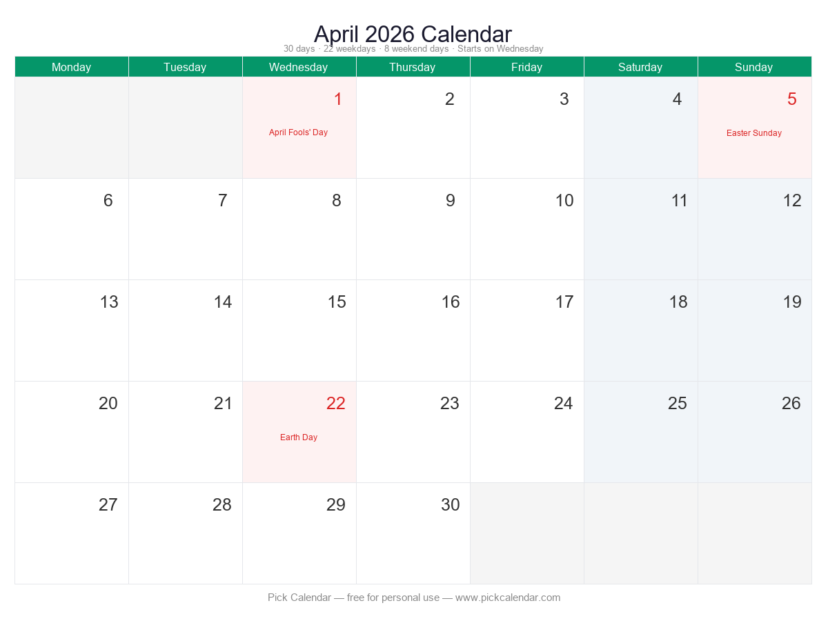 April 2026 printable calendar