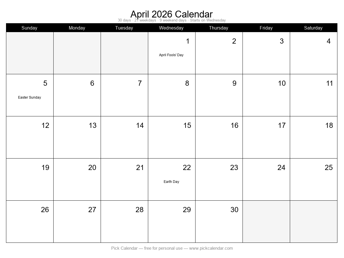 Printable Minimal Calendar — April 2026