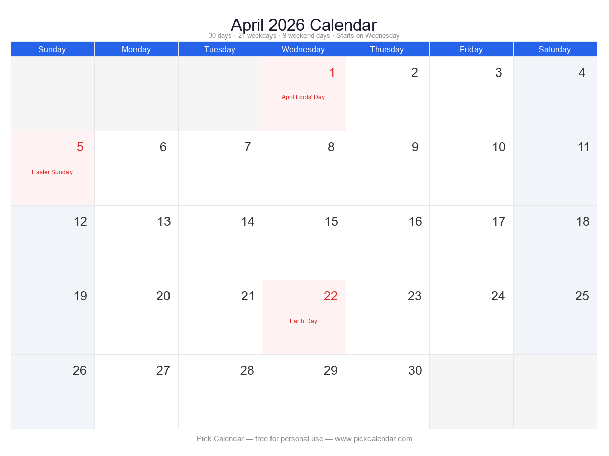 Standard Calendar with Holidays — April 2026