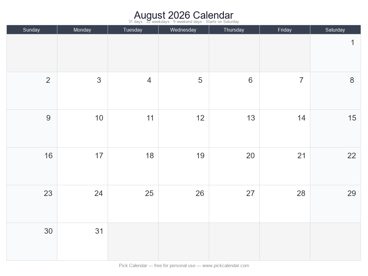 August 2026 printable calendar