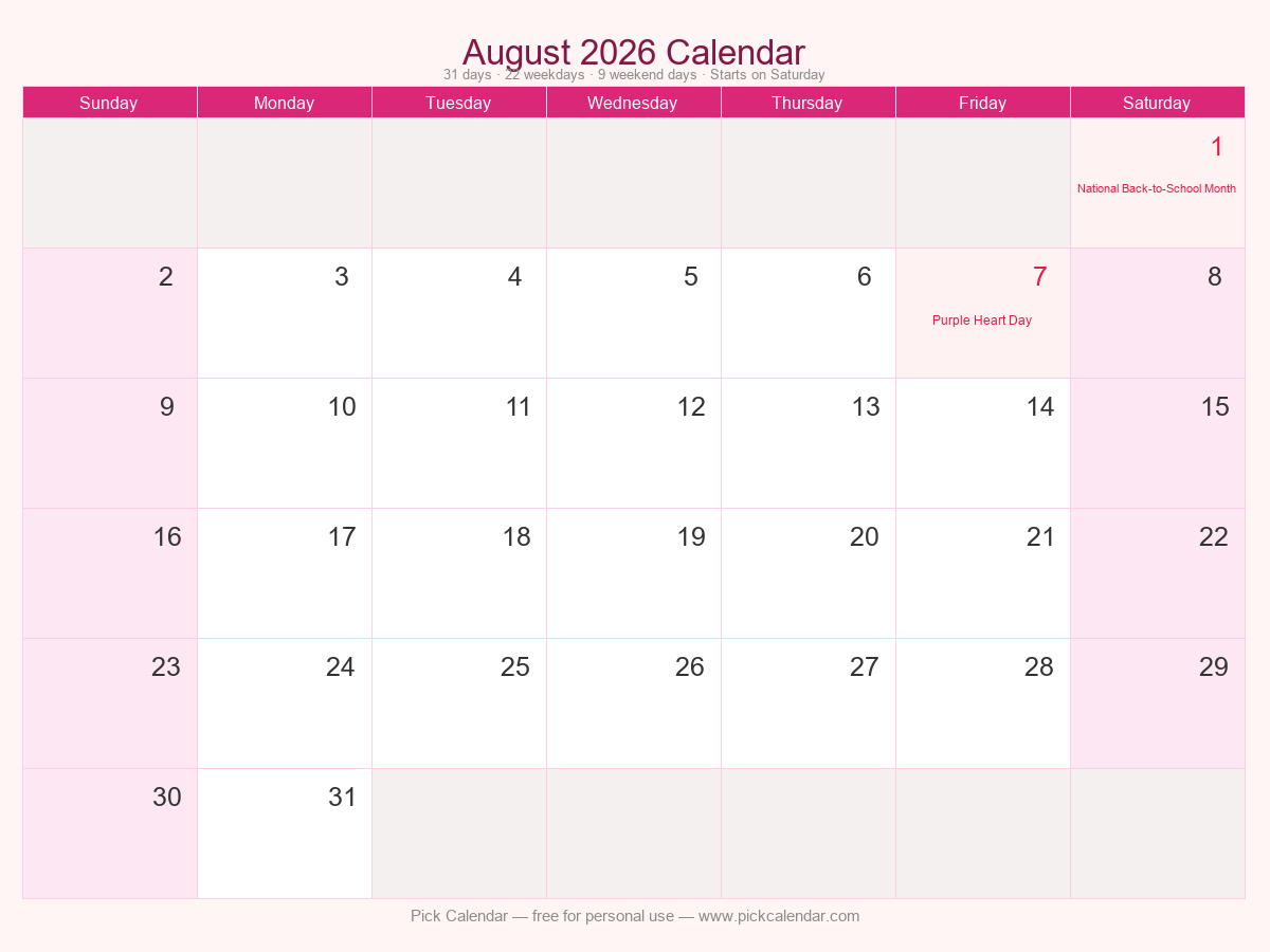 Stylish Themed Calendar — August 2026
