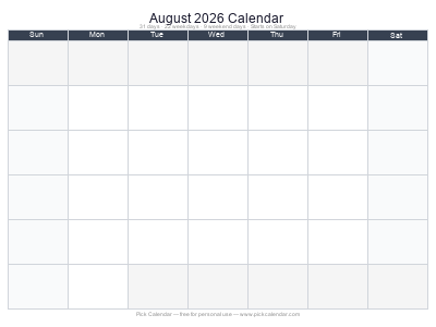August 2026 Empty Calendar