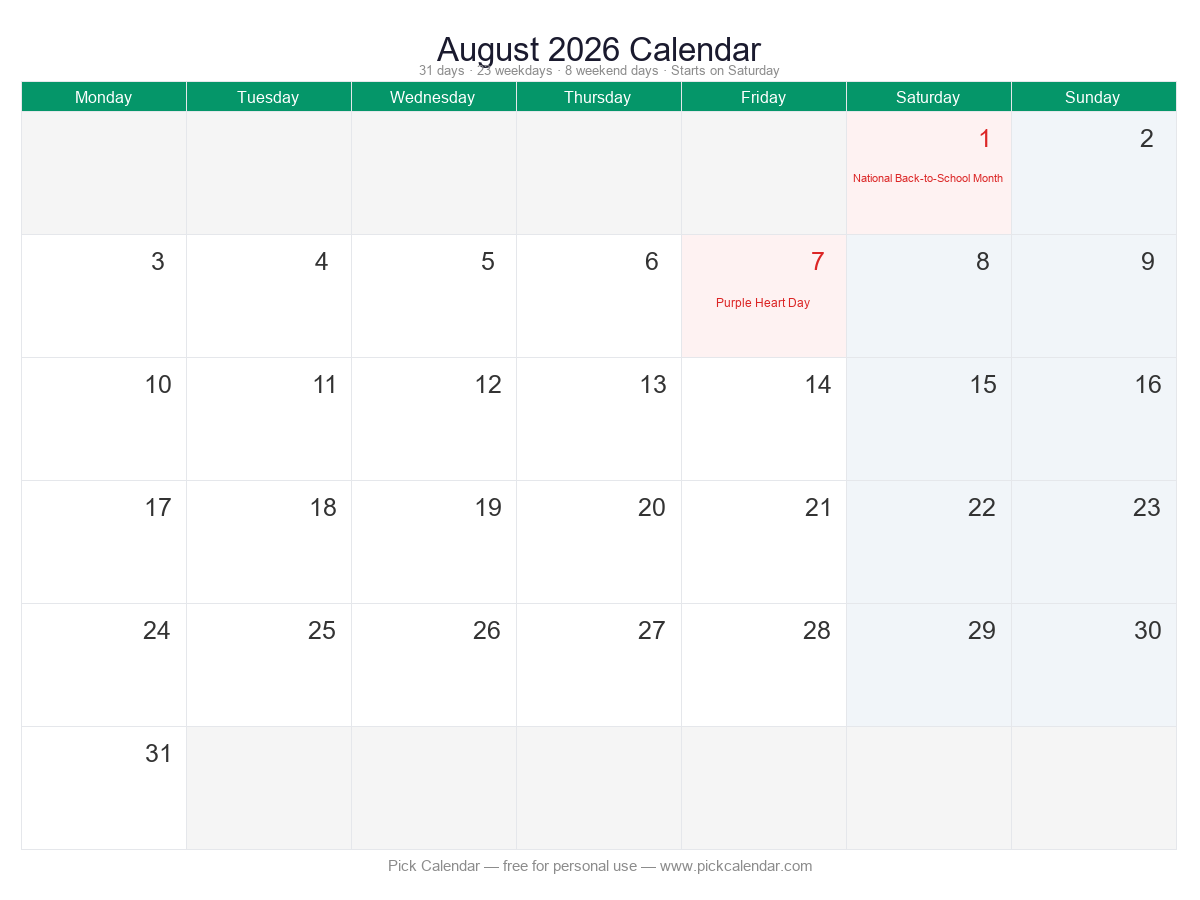 Calendar — Week Starts Monday — August 2026