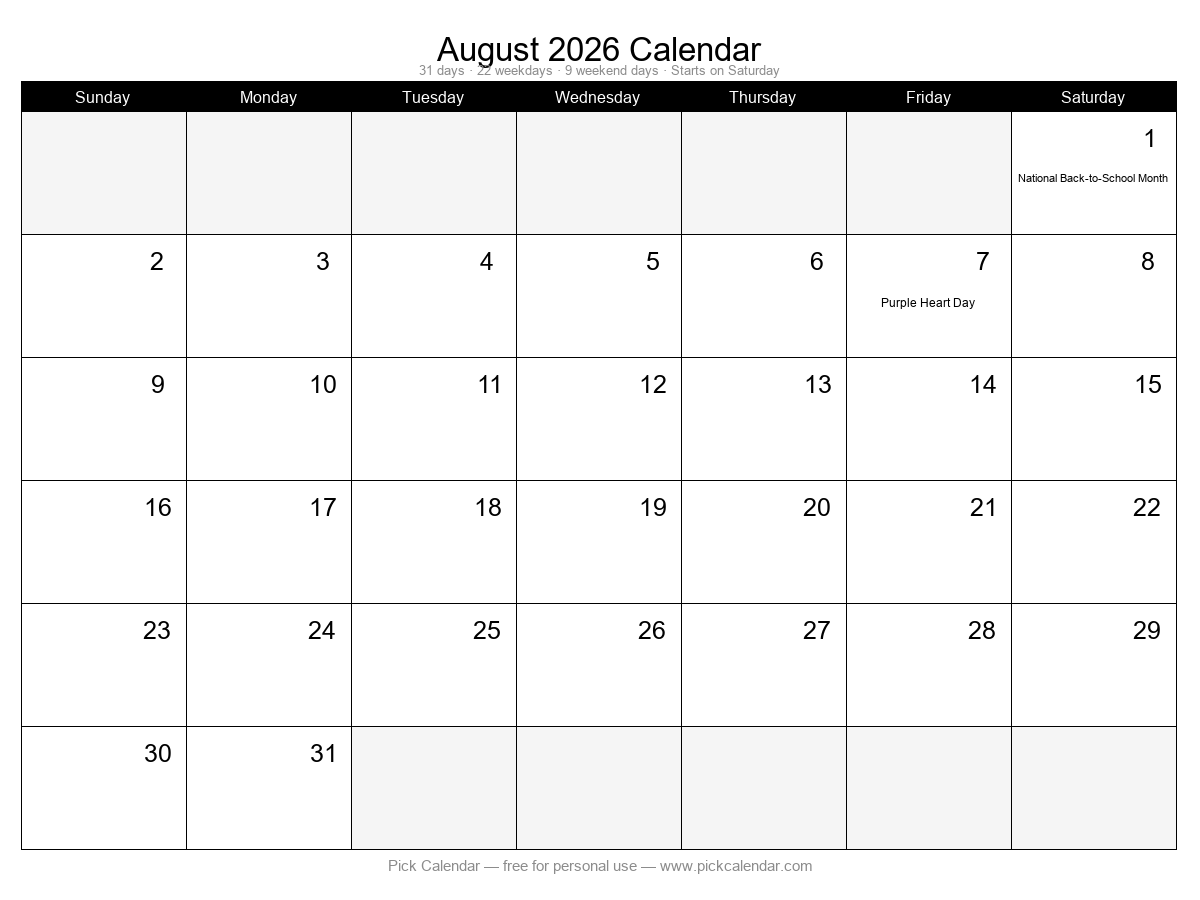 Printable Minimal Calendar — August 2026
