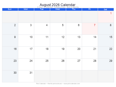 August 2026 Calendar