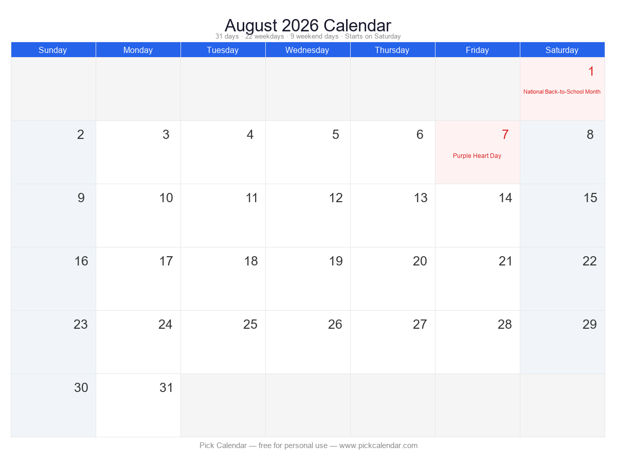 Standard Calendar with Holidays — August 2026