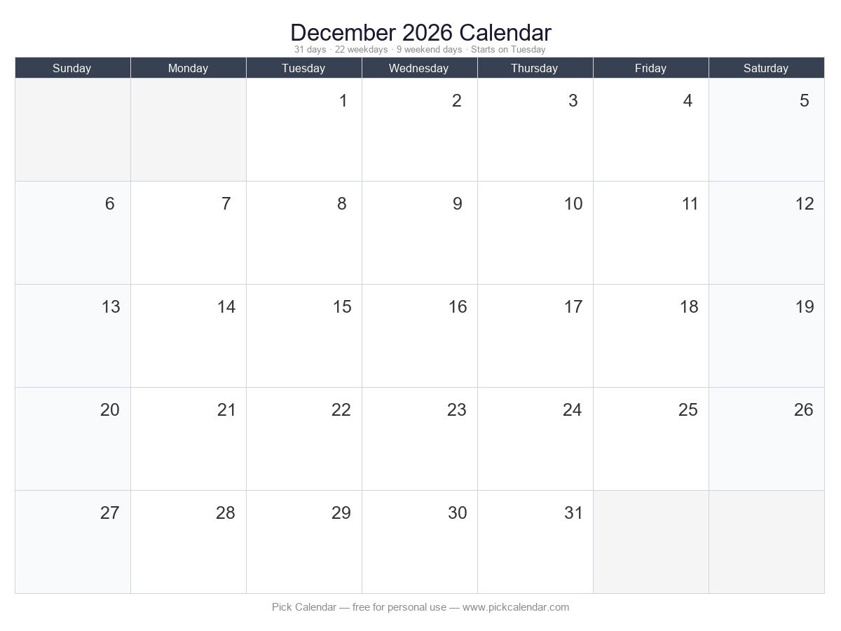 Blank Calendar (Customizable) — December 2026