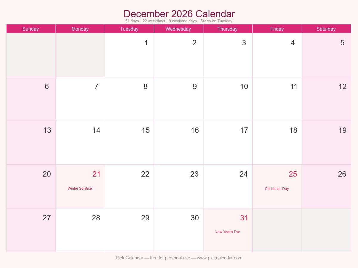 Stylish Themed Calendar — December 2026