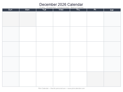 December 2026 Empty Calendar