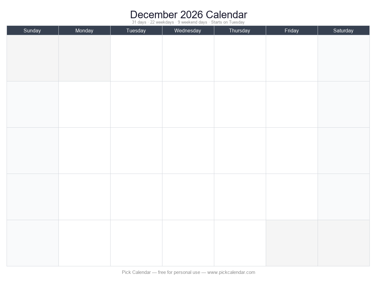 December 2026 printable calendar