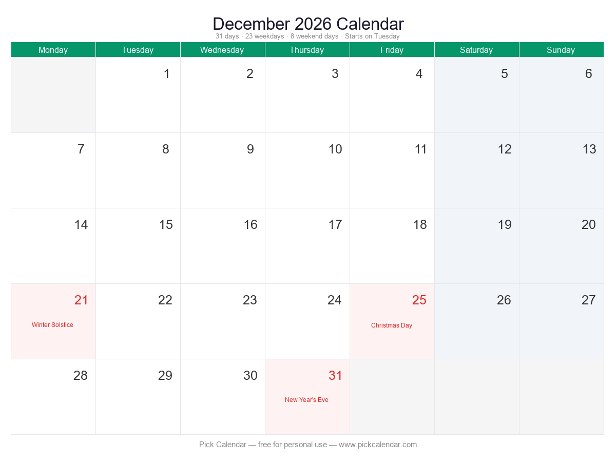 Calendar — Week Starts Monday — December 2026