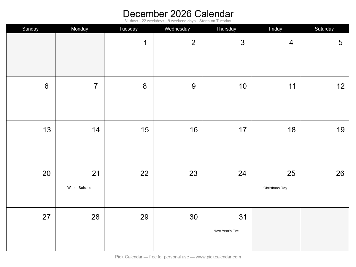Printable Minimal Calendar — December 2026
