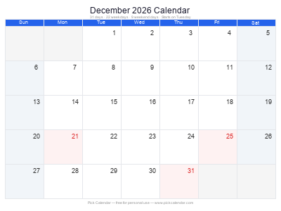 December 2026 Calendar