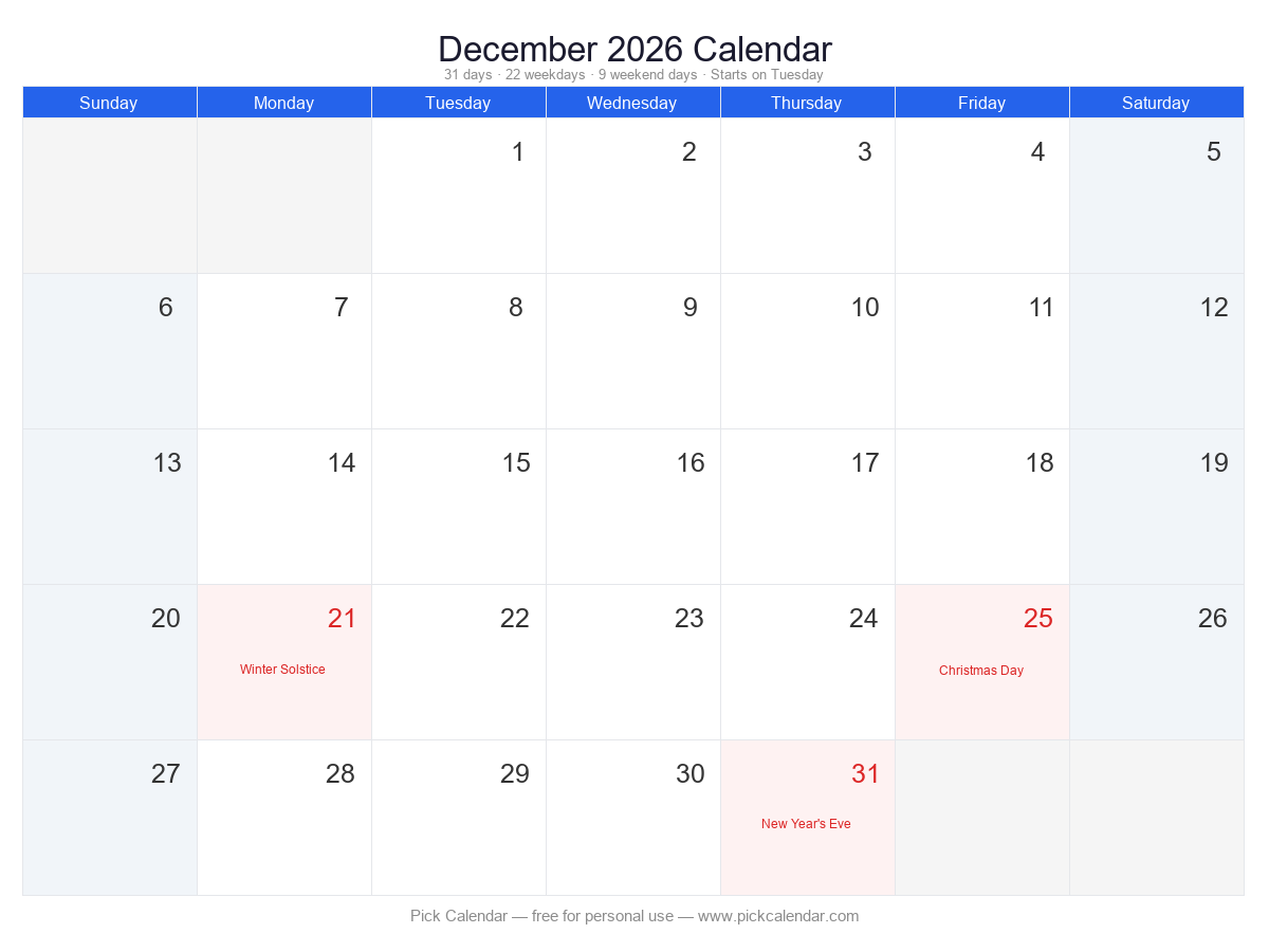 Standard Calendar with Holidays — December 2026