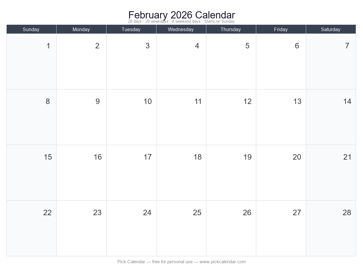 February 2026 printable calendar