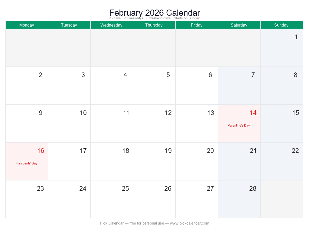 Calendar — Week Starts Monday — February 2026