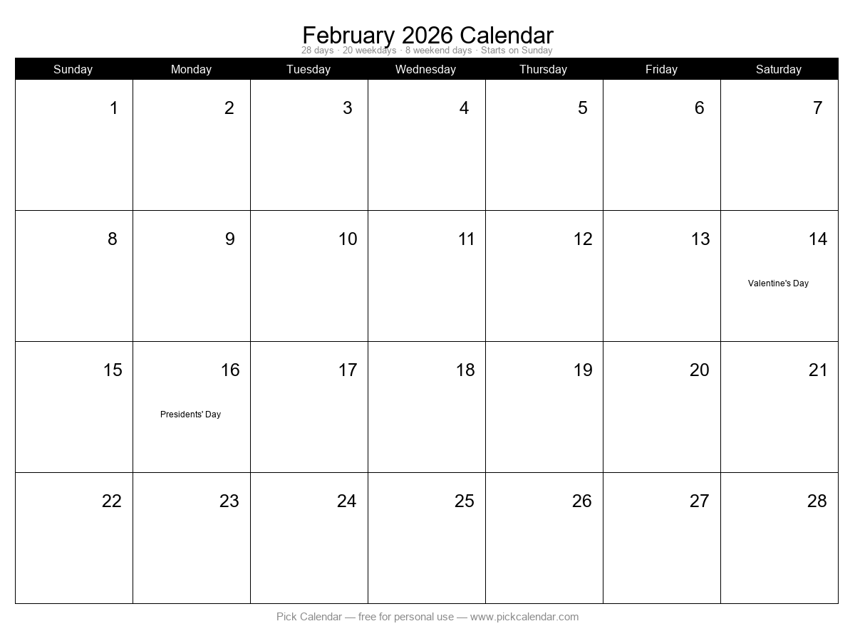 Printable Minimal Calendar — February 2026