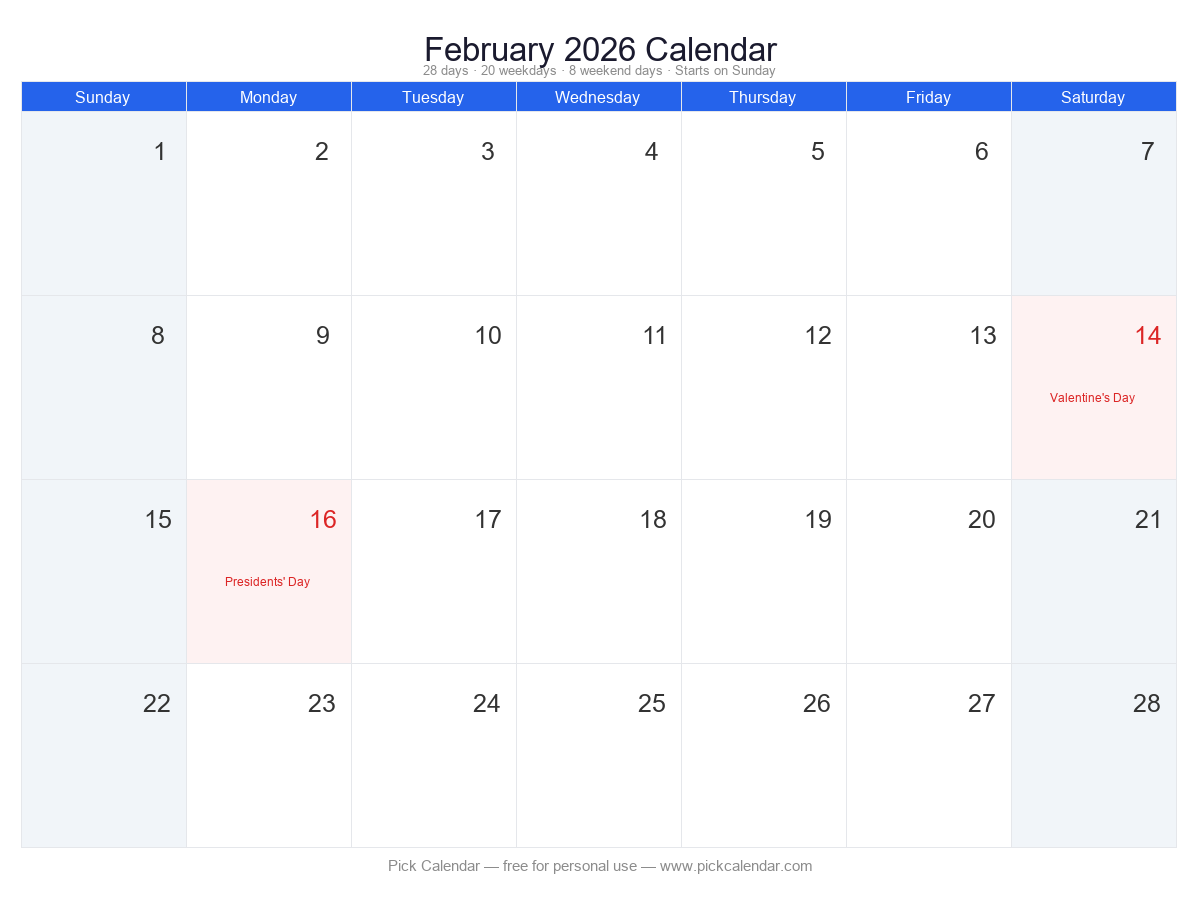 Standard Calendar with Holidays — February 2026