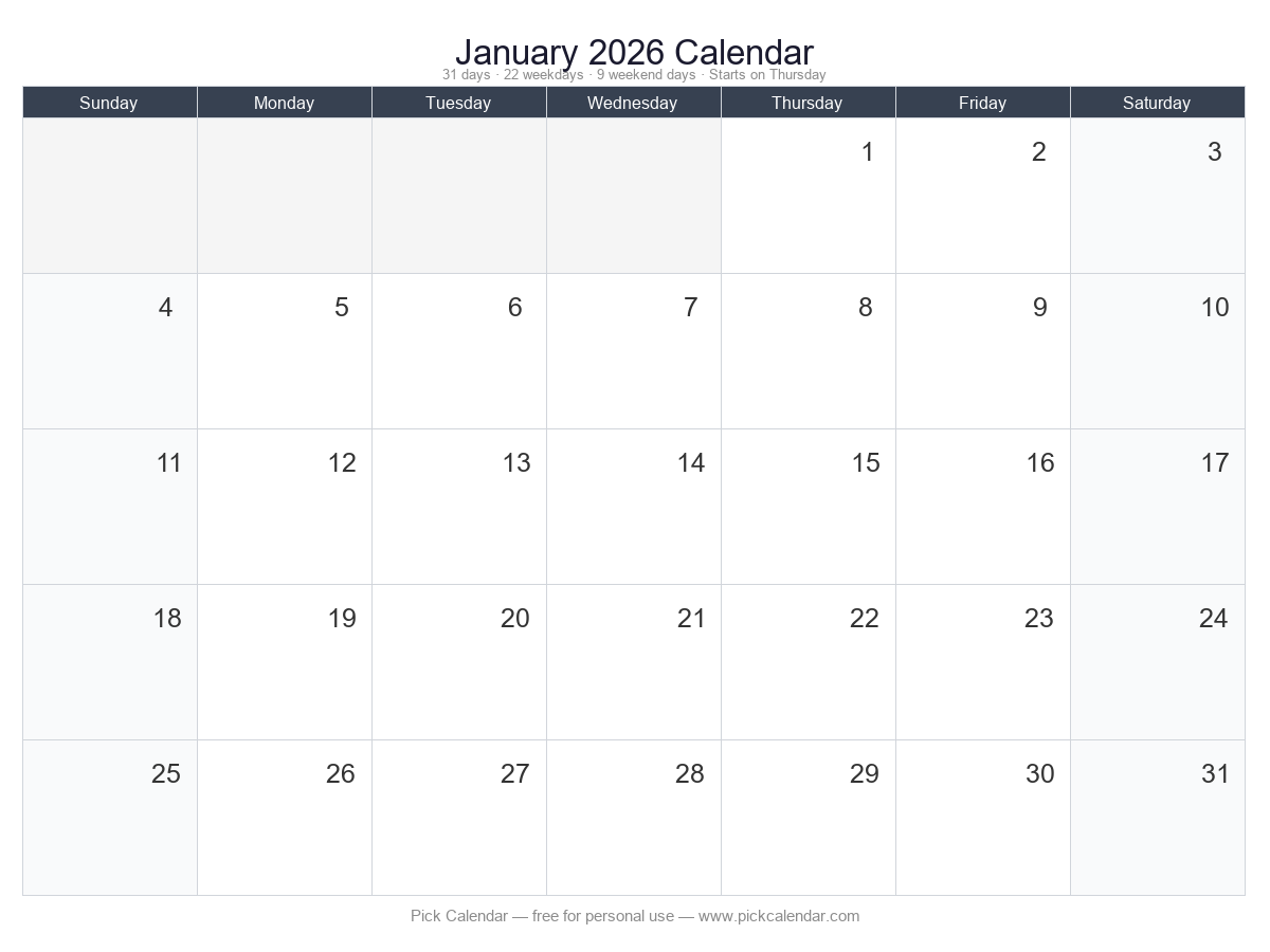 Blank Calendar (Customizable) — January 2026