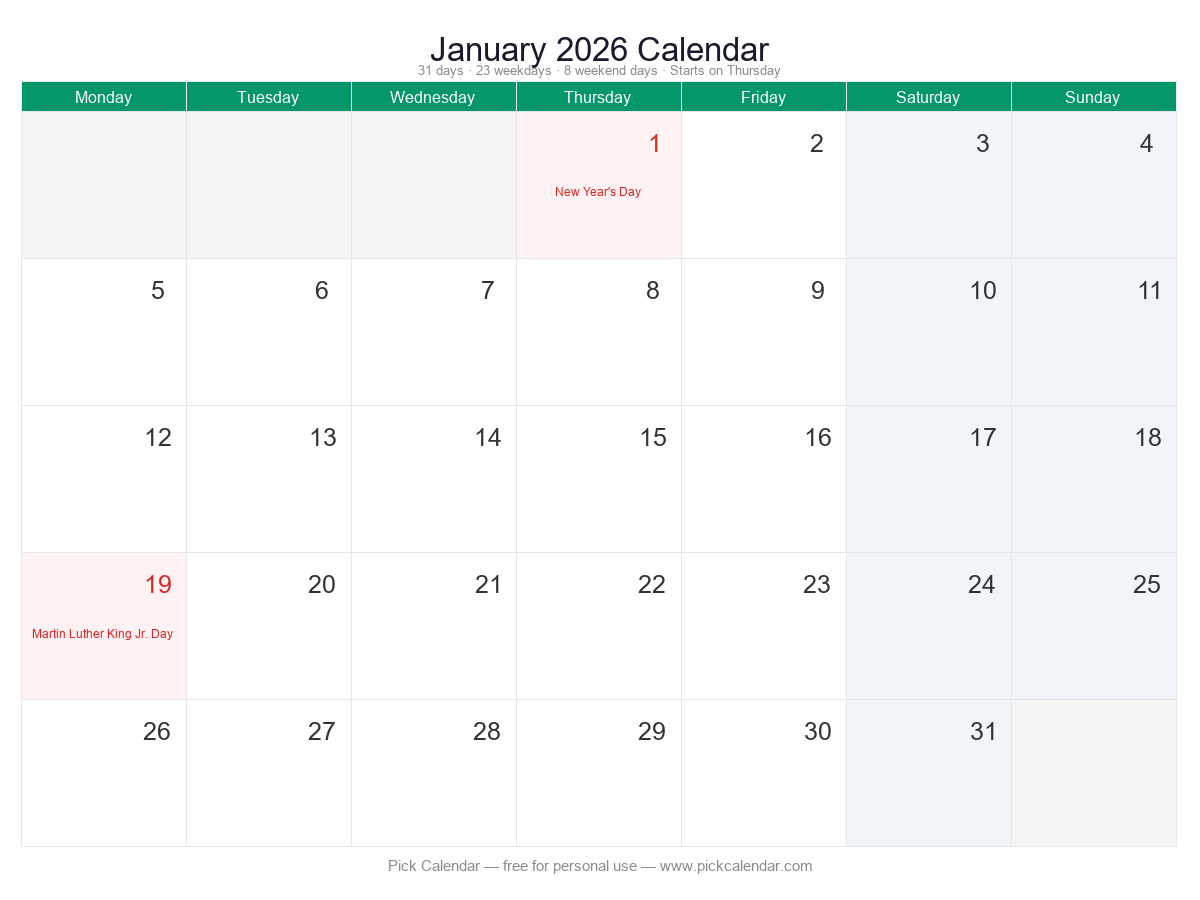 Calendar — Week Starts Monday — January 2026