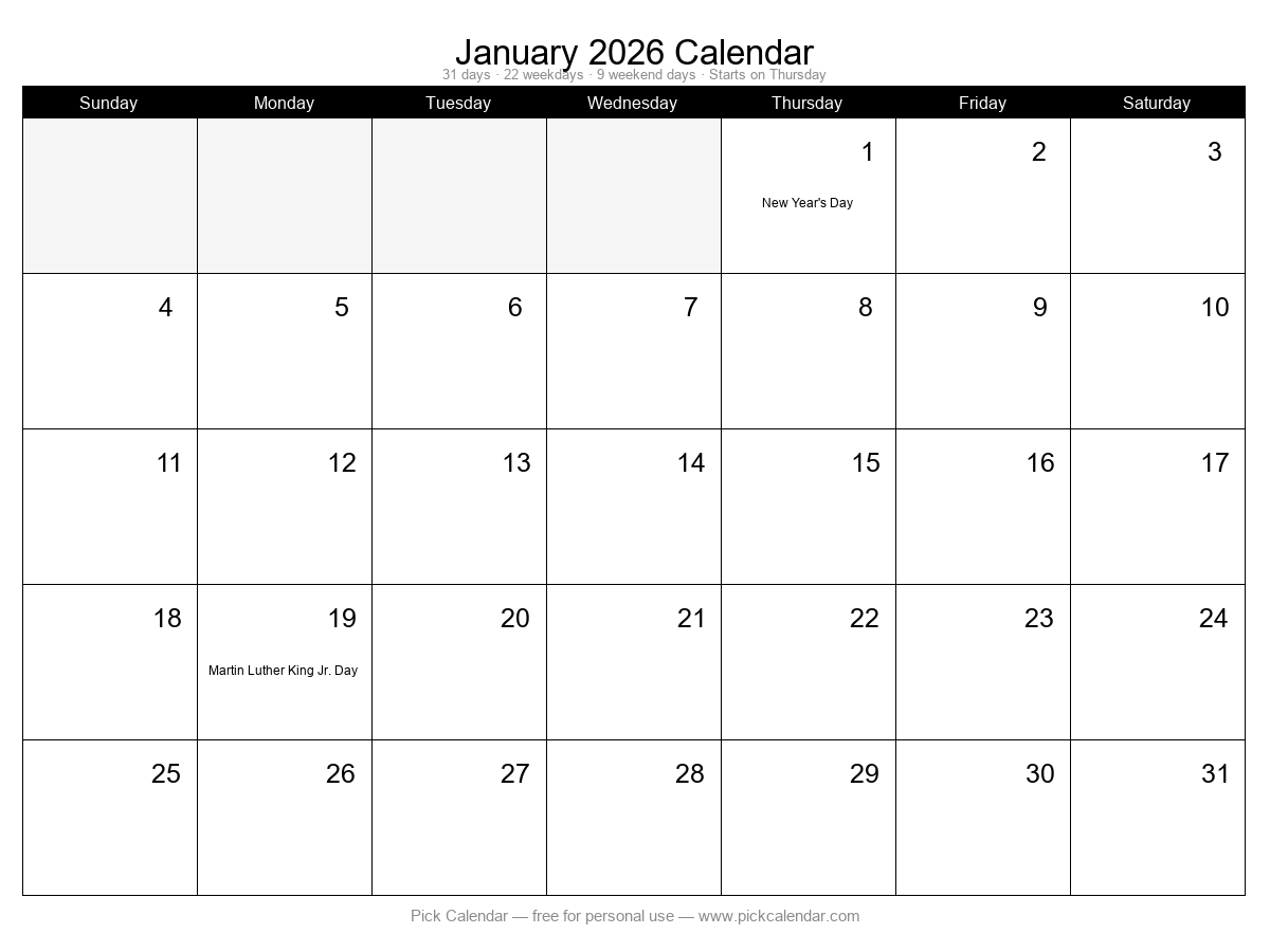 Printable Minimal Calendar — January 2026