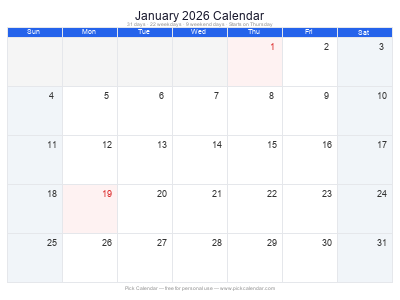 January 2026 Calendar
