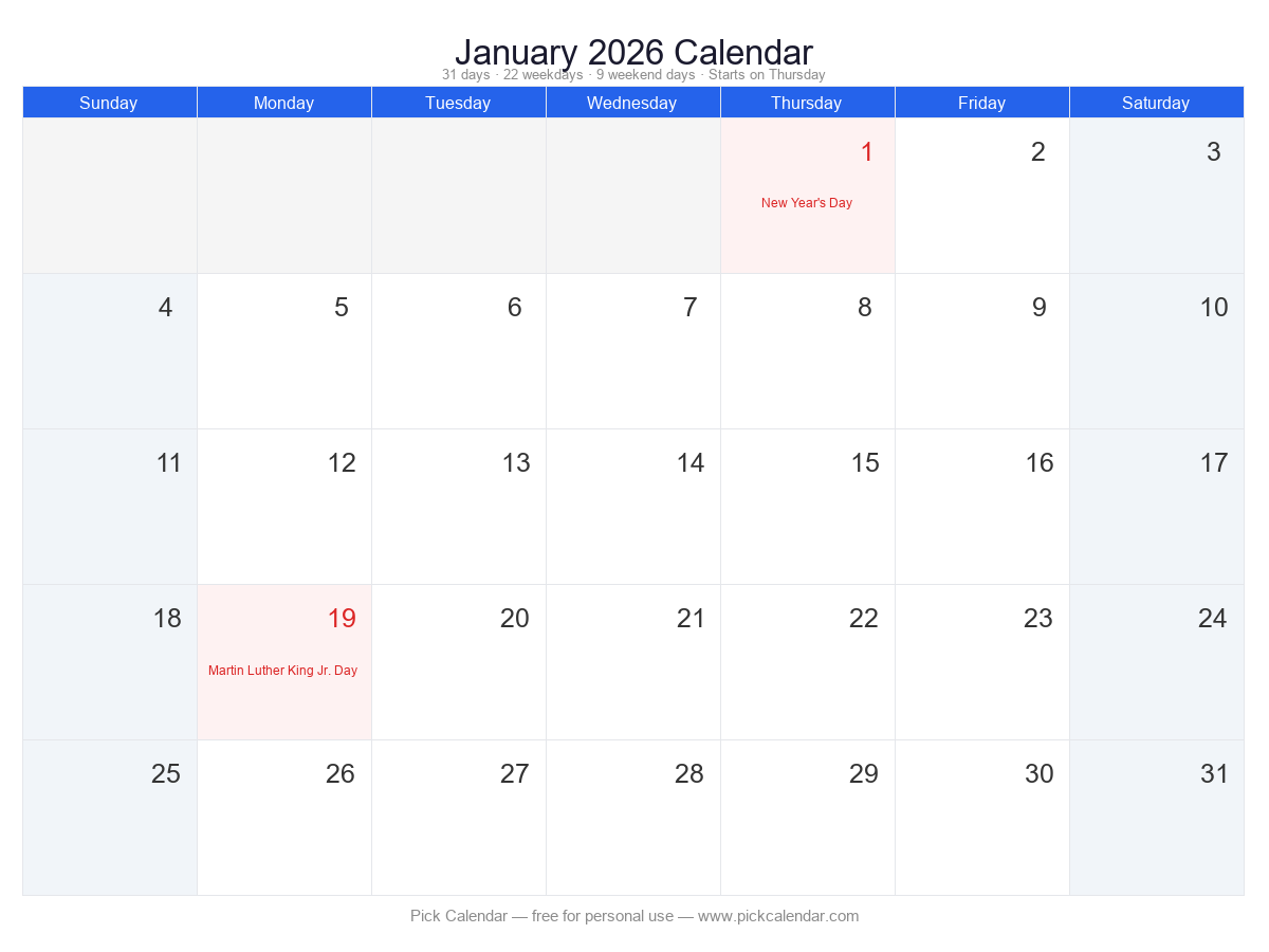 January 2026 printable calendar