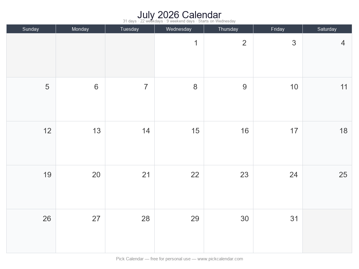 Blank Calendar (Customizable) — July 2026