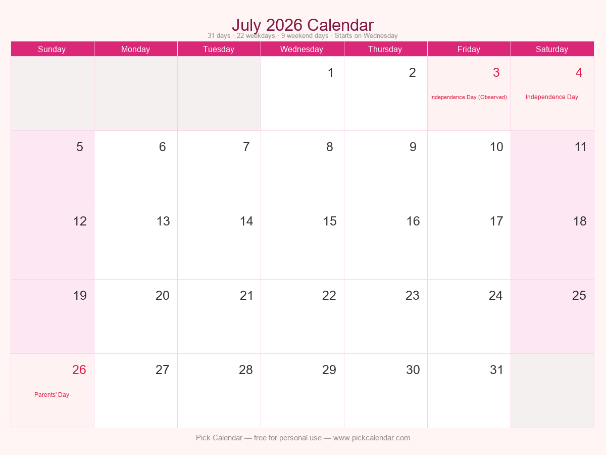 Stylish Themed Calendar — July 2026