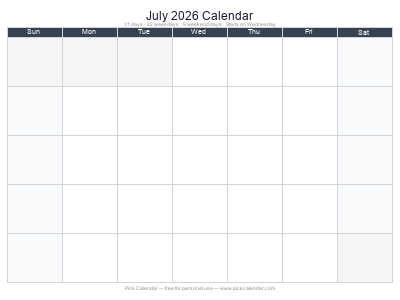July 2026 Empty Calendar