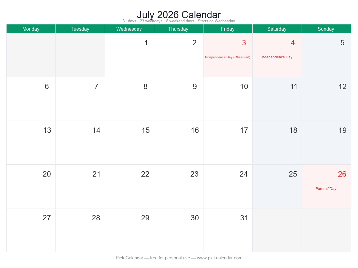Calendar — Week Starts Monday — July 2026