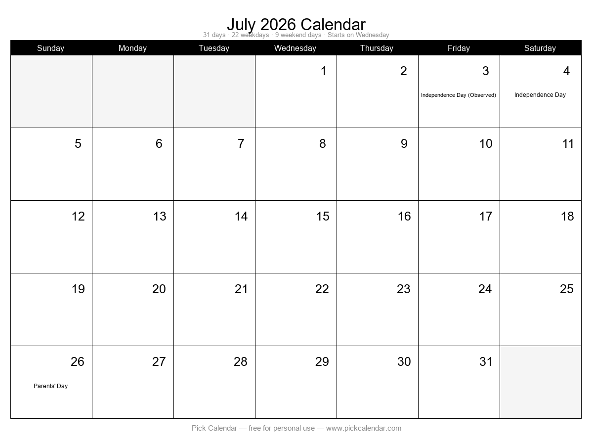 Printable Minimal Calendar — July 2026