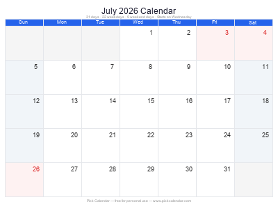 July 2026 Calendar