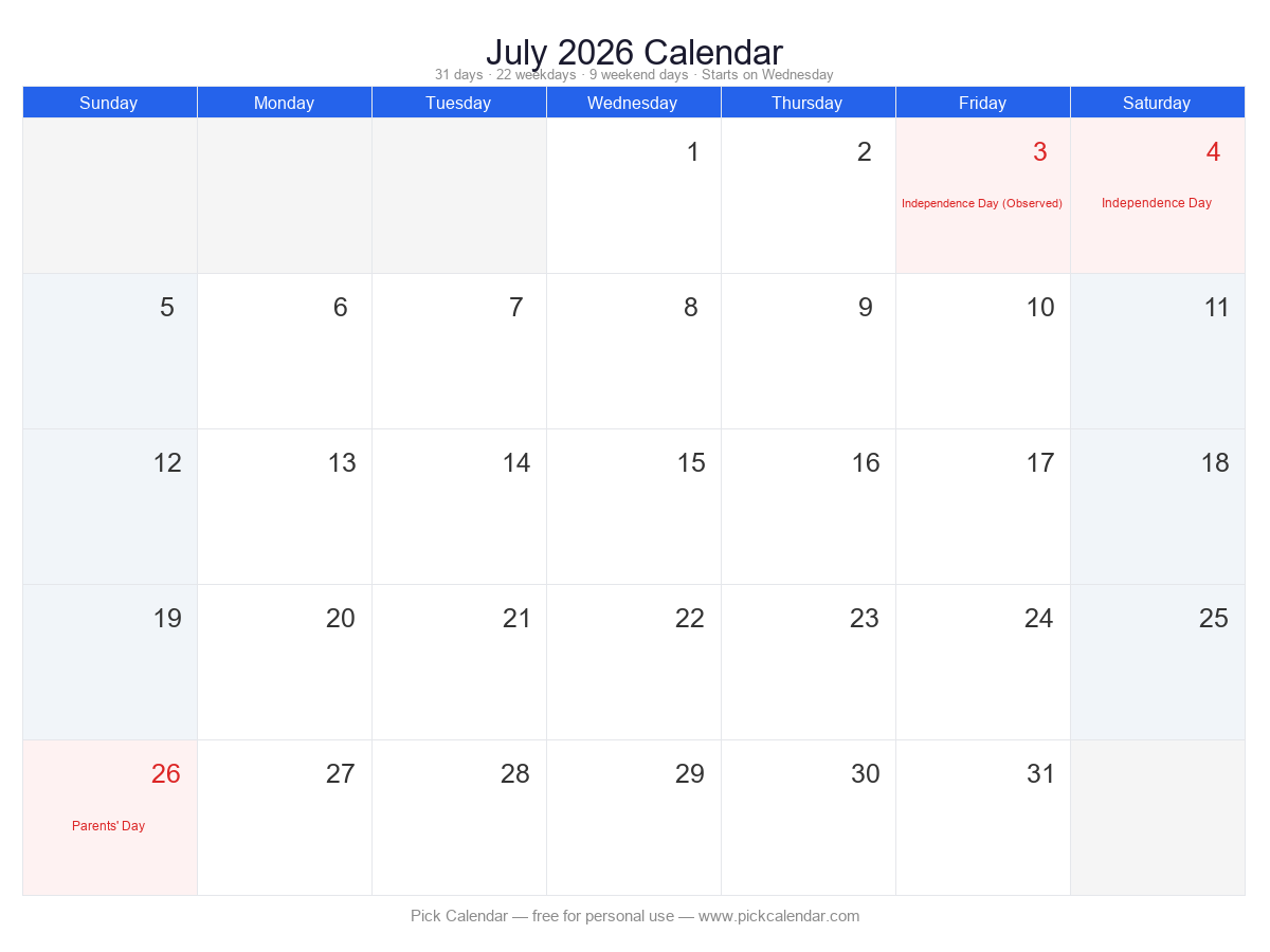 Standard Calendar with Holidays — July 2026