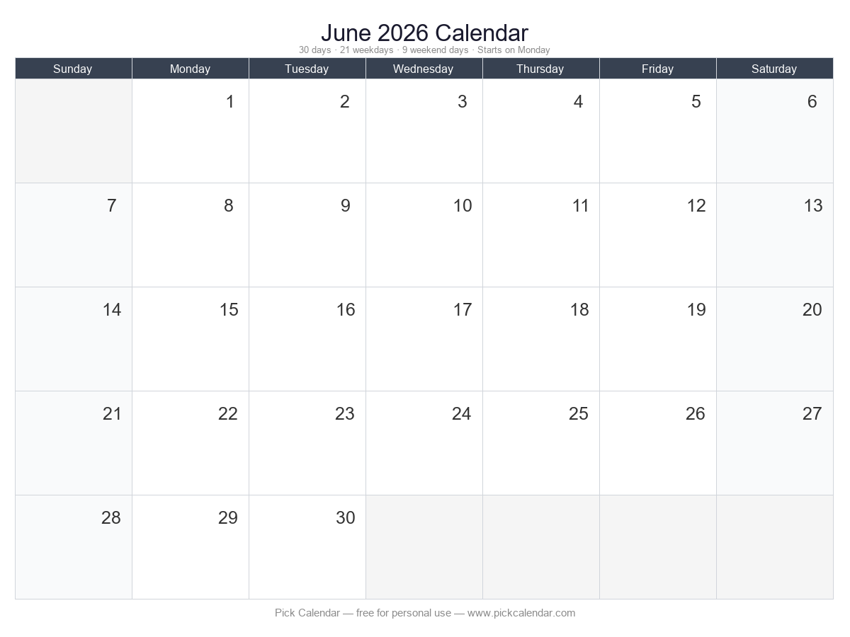 Blank Calendar (Customizable) — June 2026