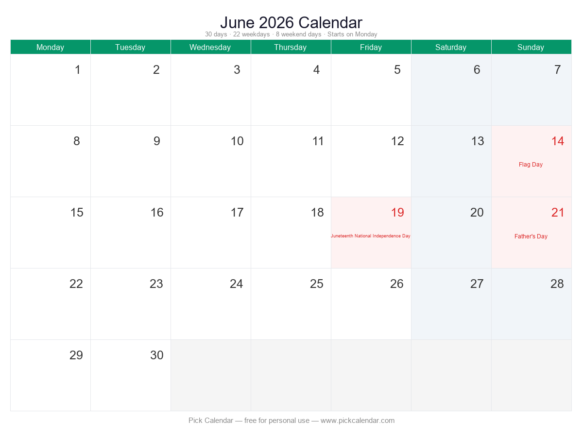 Calendar — Week Starts Monday — June 2026