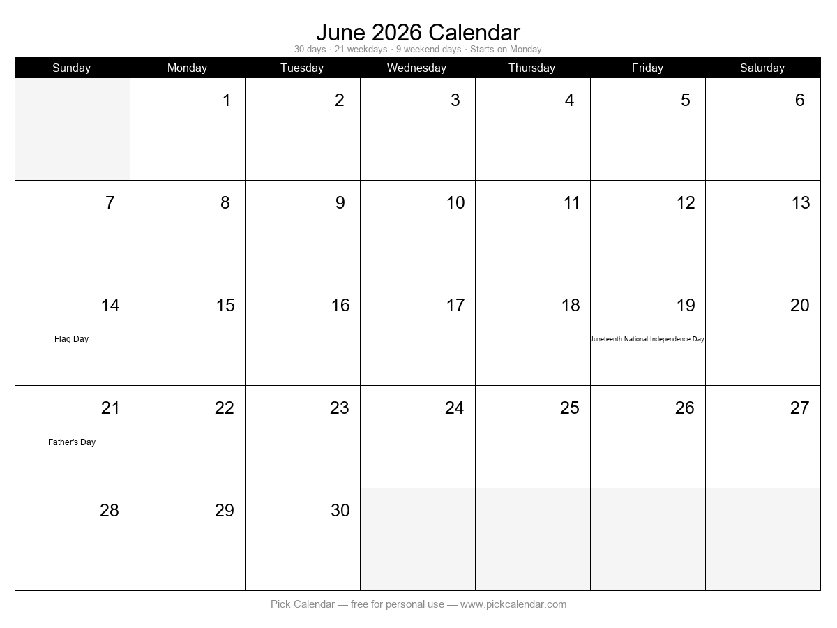 Printable Minimal Calendar — June 2026