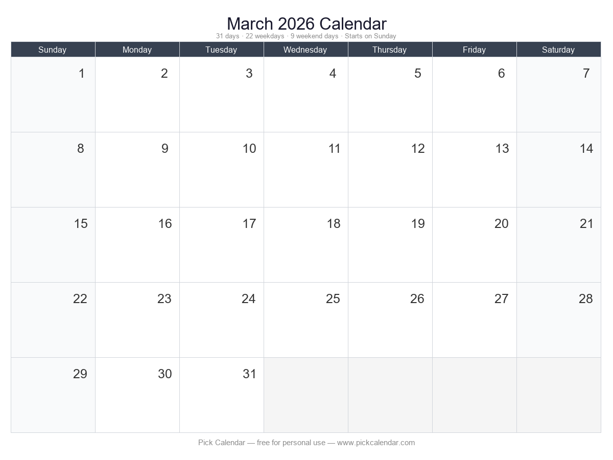 Blank Calendar (Customizable) — March 2026
