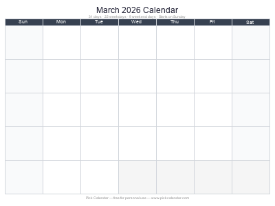 March 2026 Empty Calendar