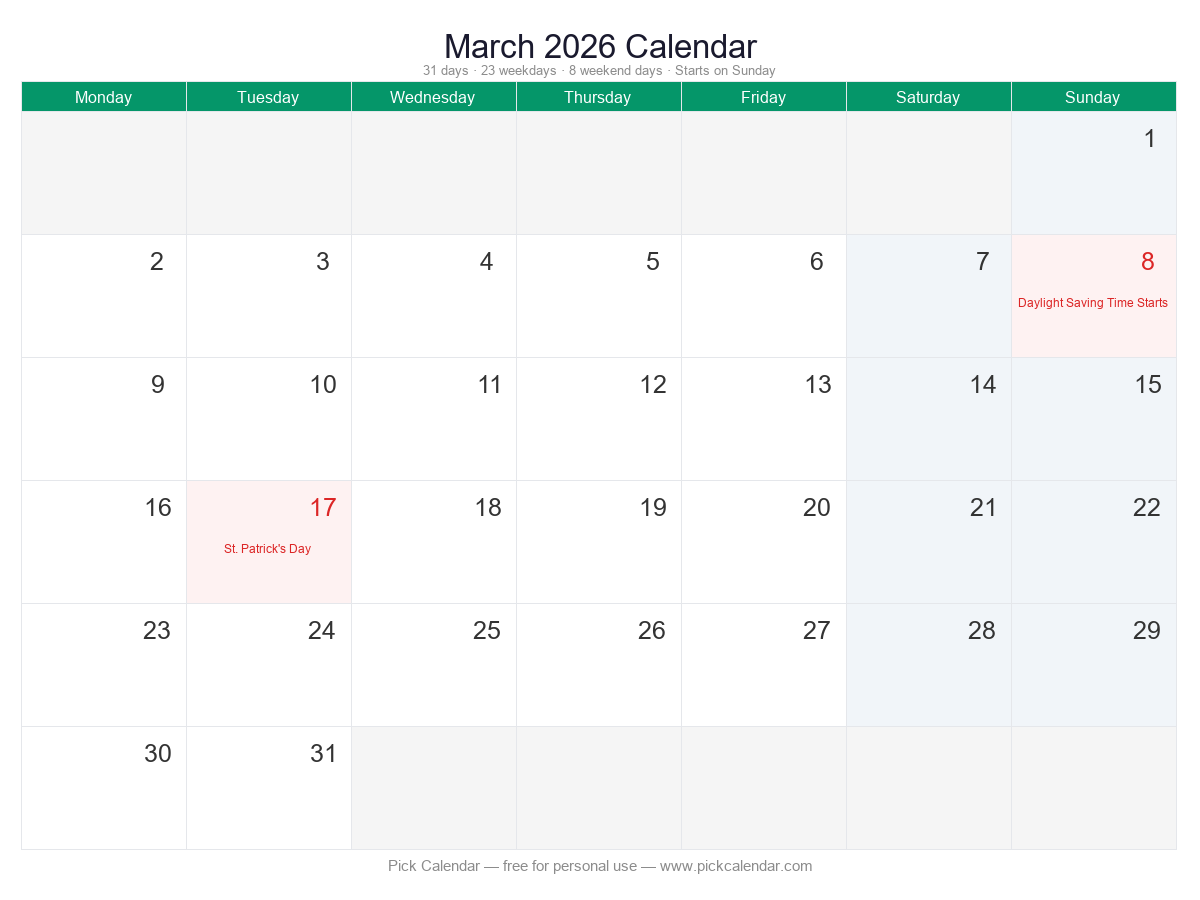 Calendar — Week Starts Monday — March 2026