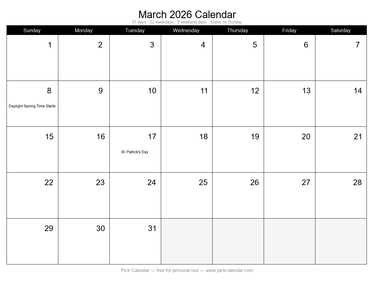 Printable Minimal Calendar — March 2026
