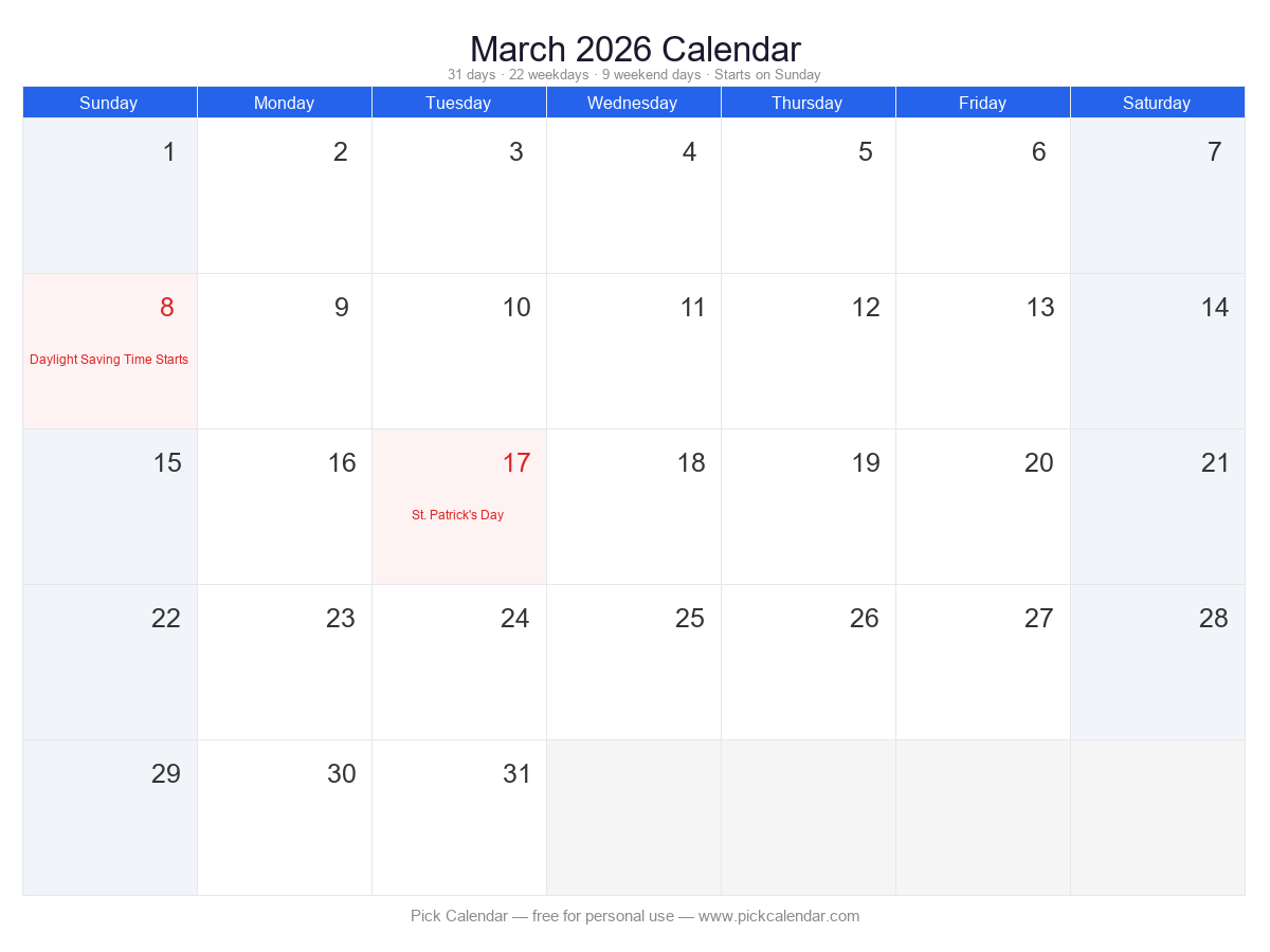 Standard Calendar with Holidays — March 2026