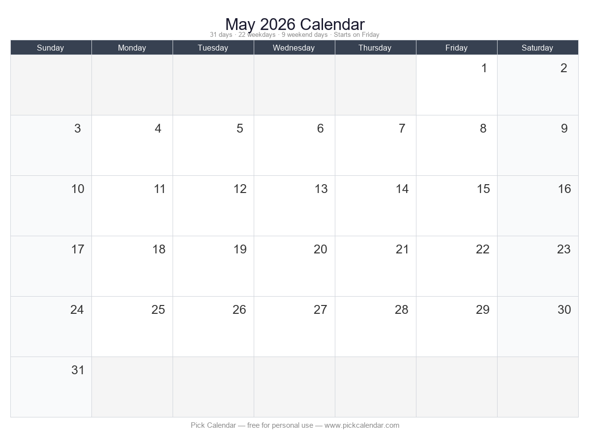 Blank Calendar (Customizable) — May 2026