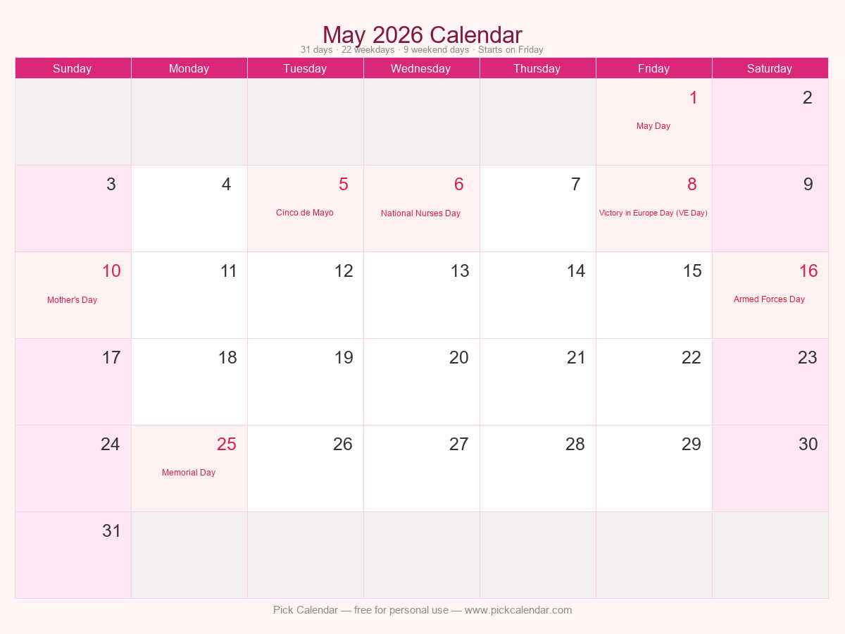 May 2026 printable calendar