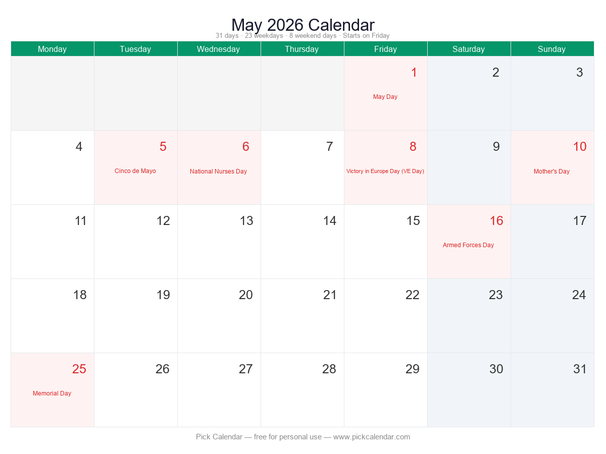Calendar — Week Starts Monday — May 2026