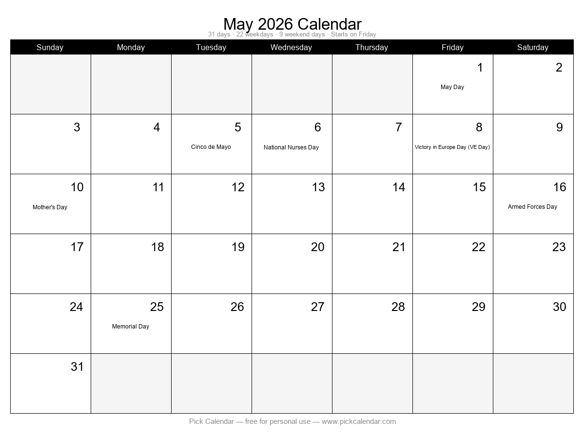 Printable Minimal Calendar — May 2026